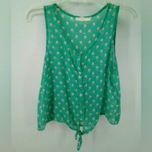 Lush Sheer Floral Green Knot Top Button Sleeveless Pink White Flowers M